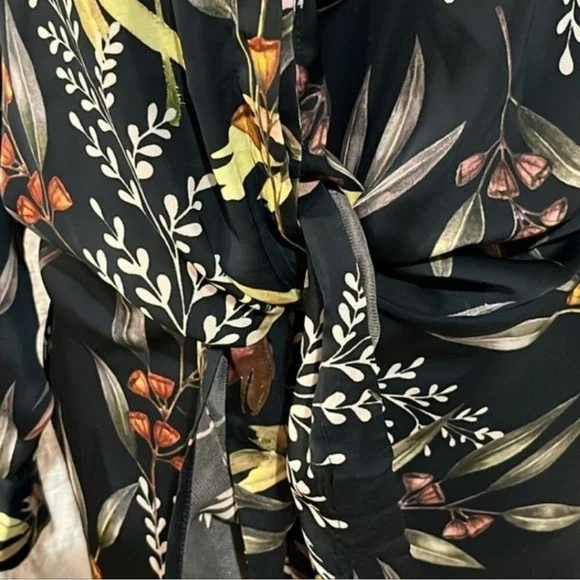 Elan Womens M Maxi Dress Long Lng Sleeve Tie Waist Button Up Black Olive Floral - Picture 6 of 11